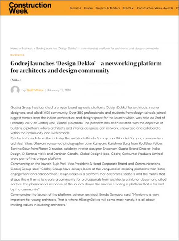 Godrej launches' Design Dekko '- a networking platform for architects and design community, Construction Week Online.in